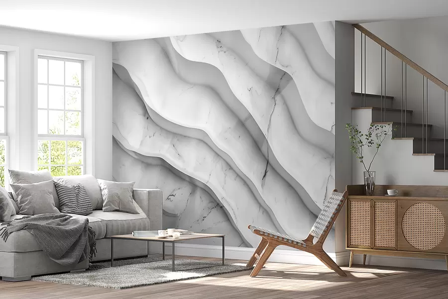 wall murals Апстрактна композиција глатких, таласастих текстура налик мермеру у светлим нијансама беле и сиве w01588
