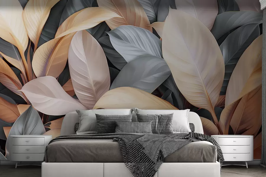 wall murals Велики тропски листови плаве и беж боје w01587v2