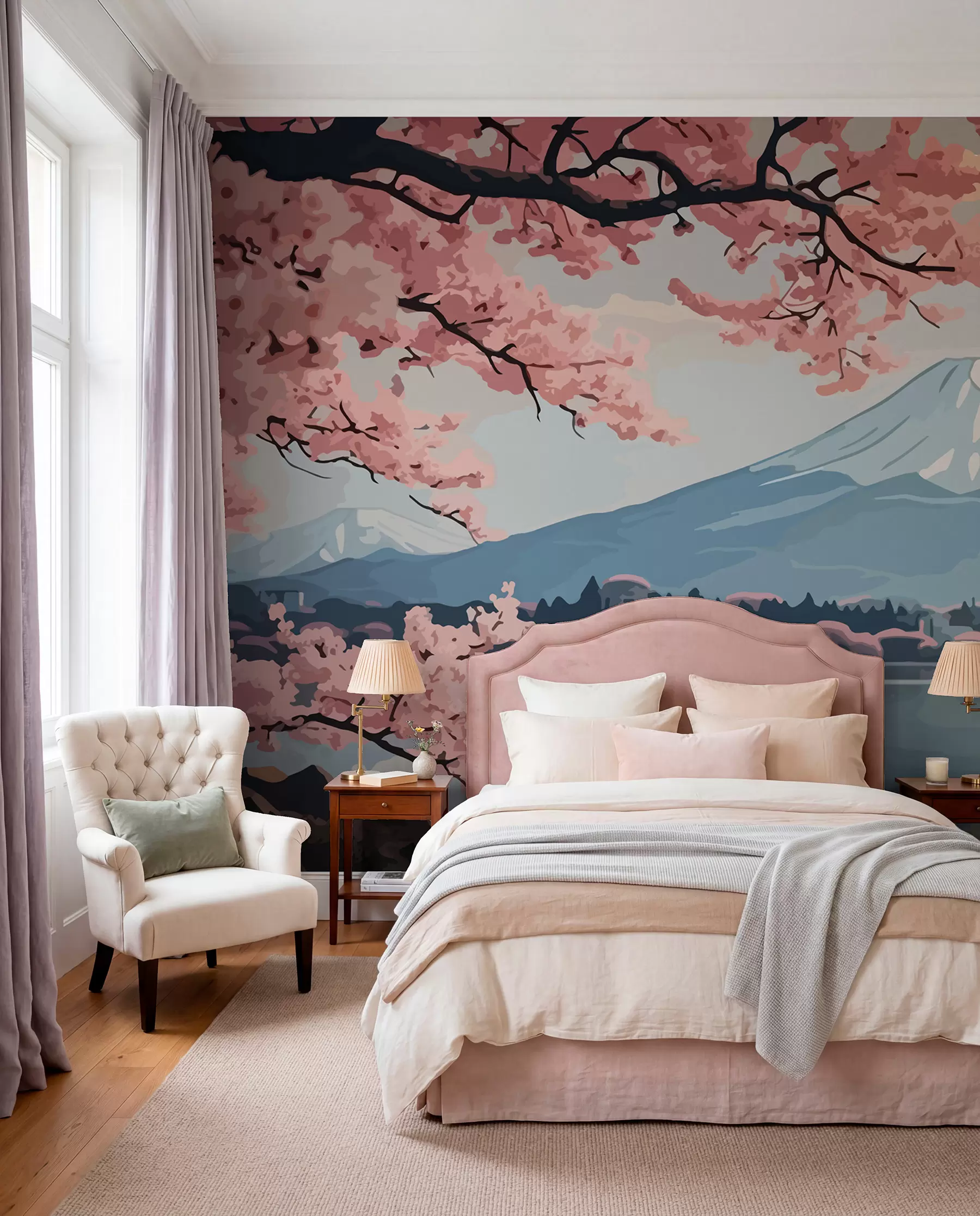 wall murals Сакура, планине, акварел w01664