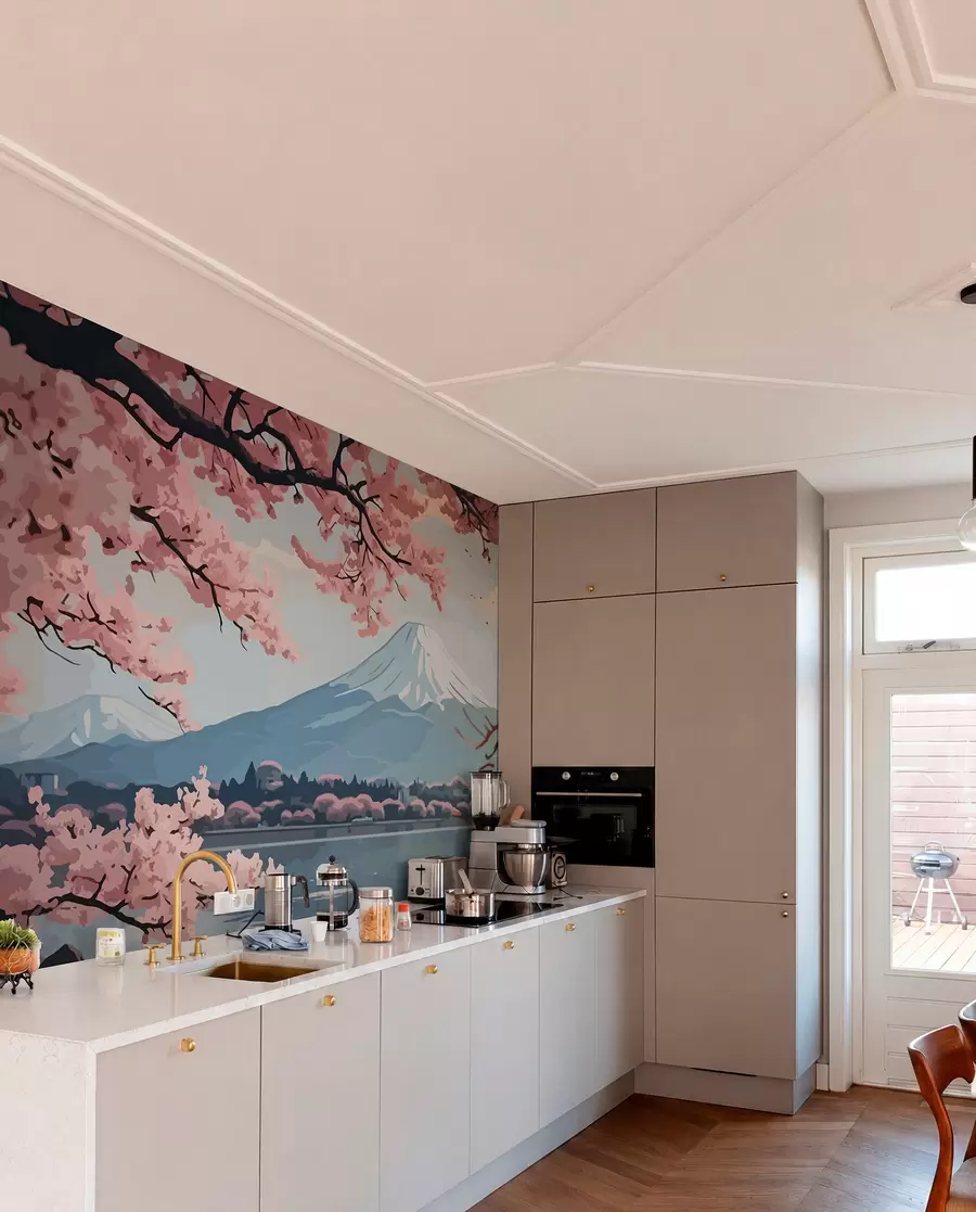 wall murals Сакура, планине, акварел w01664