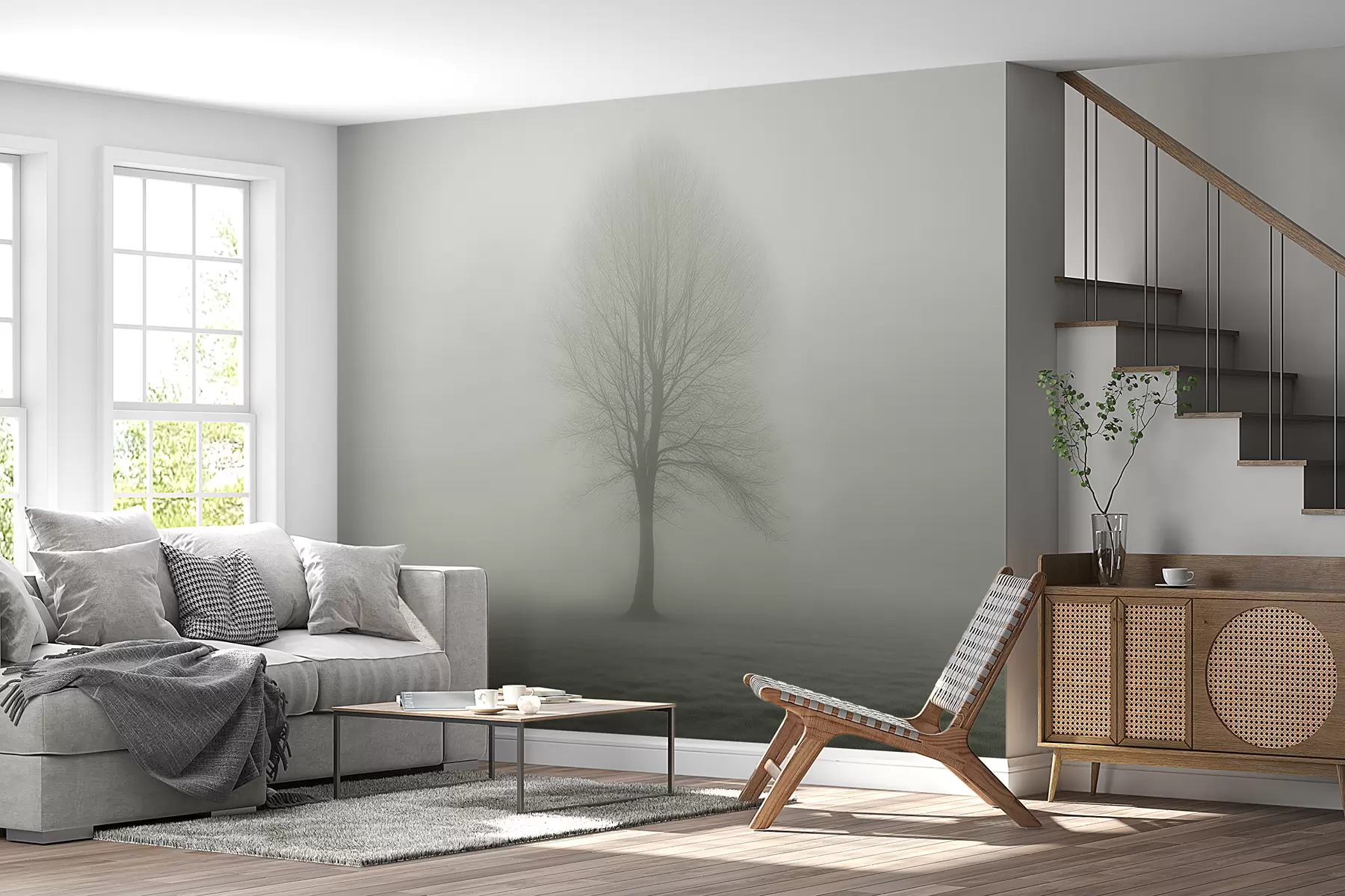 wall murals Дрво у магли у тамнозеленим бојама w01660