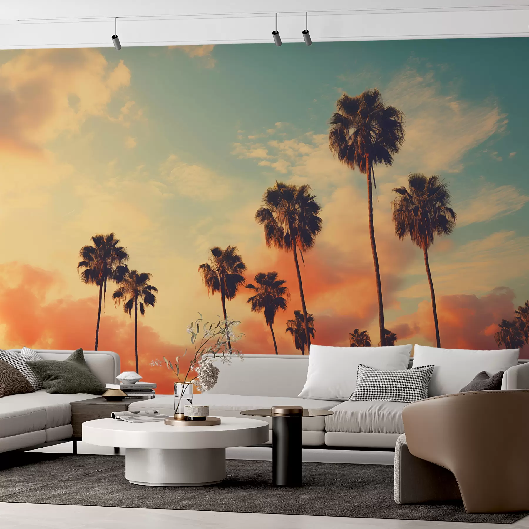 wall murals Палме на небу заласка сунца, наранџасте и плаве боје w01652