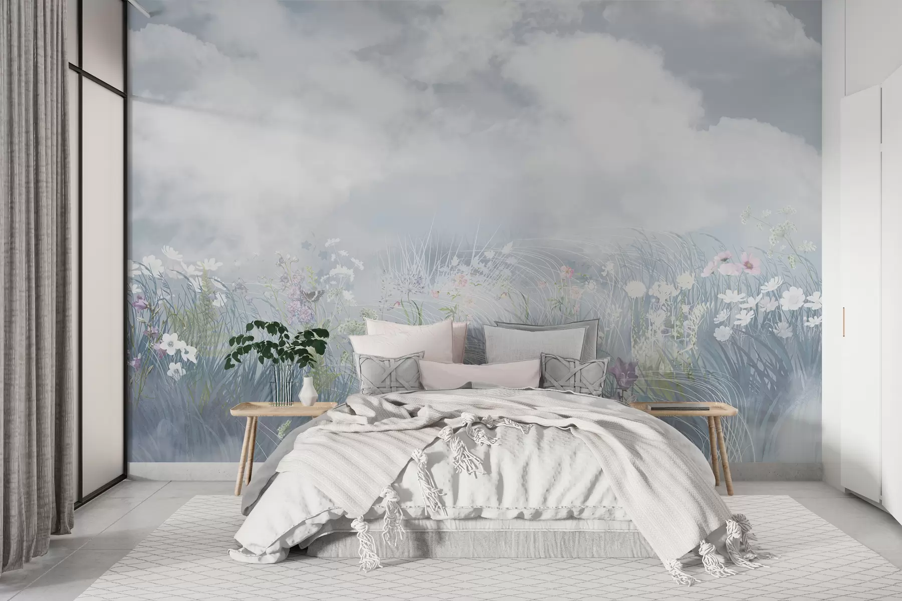 wall murals Дивље цвеће и трава са балканским небом и облацима w01624