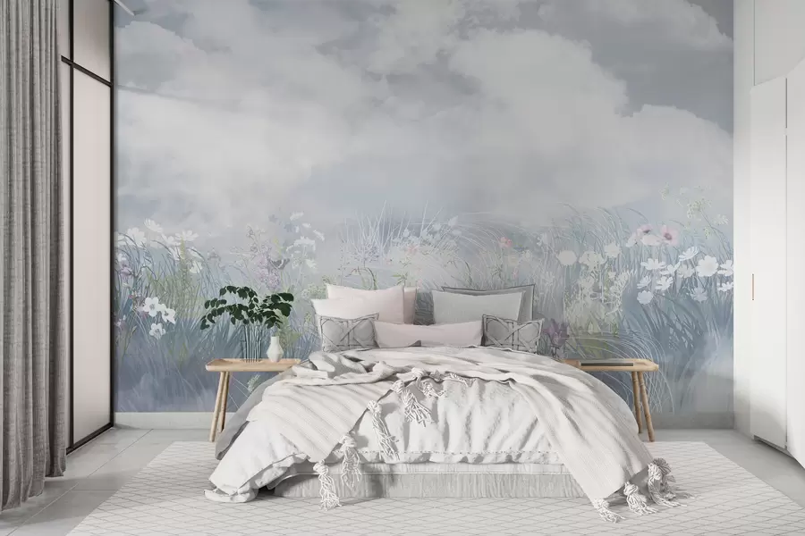 wall murals Дивље цвеће и трава са балканским небом и облацима w01624
