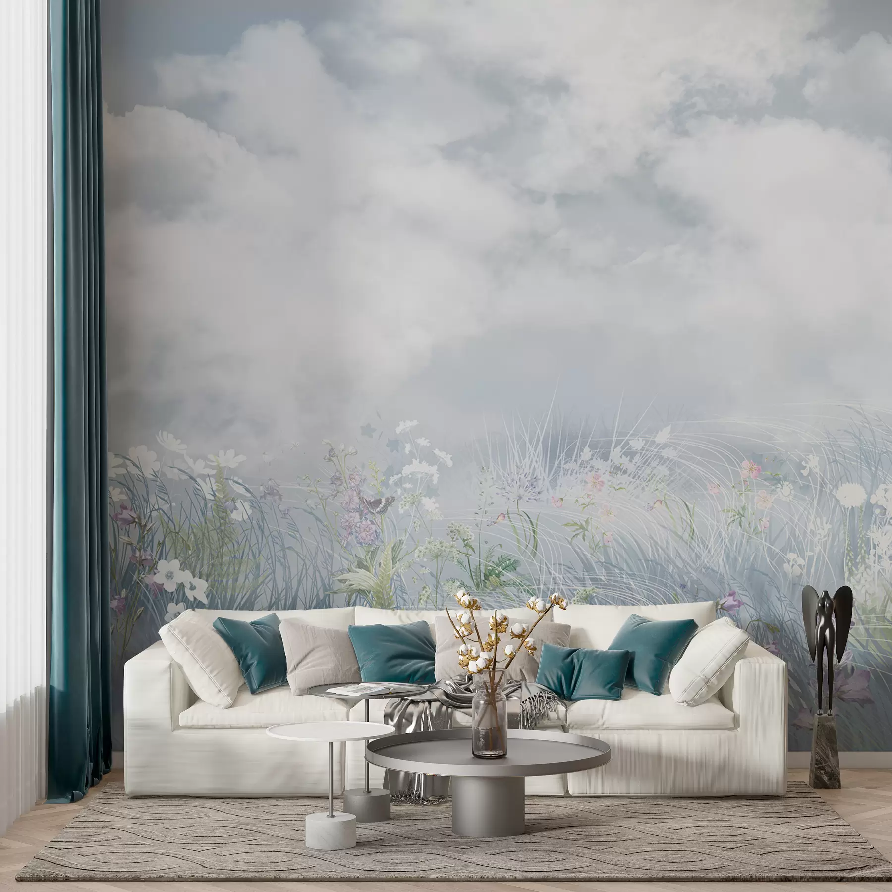 wall murals Дивље цвеће и трава са балканским небом и облацима w01624