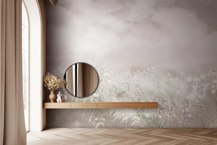 wall murals Дивље цвеће и трава са бледо ружичастим небом и облацима w01624v4