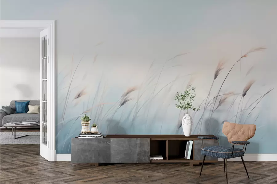 wall murals Деликатне пољске траве на плавој позадини w01643