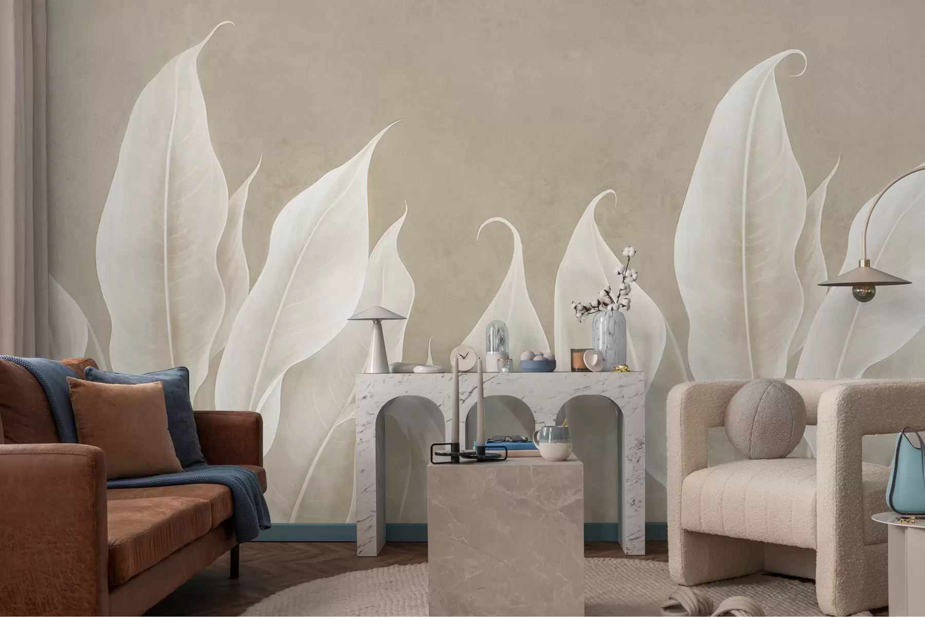 wall murals велики бели листови на беж позадини w01679