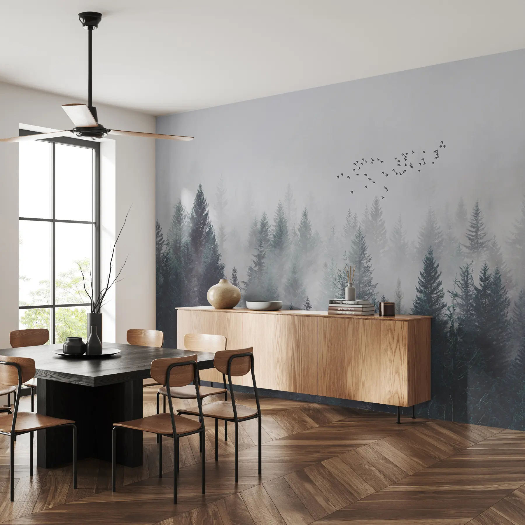 wall murals Летеће птице над магловитом шумом u28636