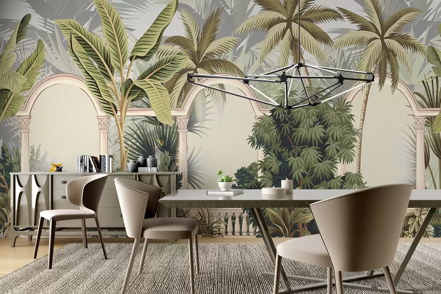 wall murals Лукови са тропским пејзажом, бујним палмама и другим лишћем на светлој позадини w08306