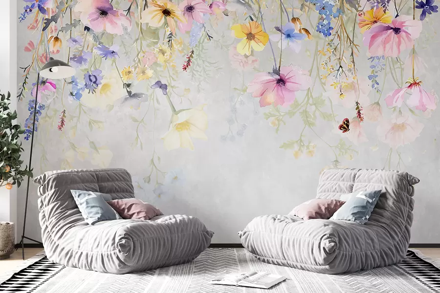 wall murals Шарени цветови са ружичастим, жутим и плавим цветовима који виси са врха на текстурираној сивој позадини w08309