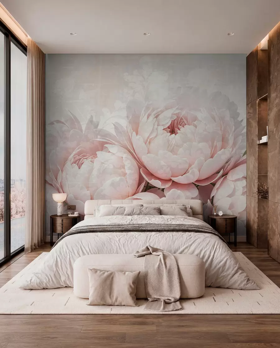 wall murals Нежни ружичасти божури са деликатним латицама на светлој текстурној винтаге позадини w08312