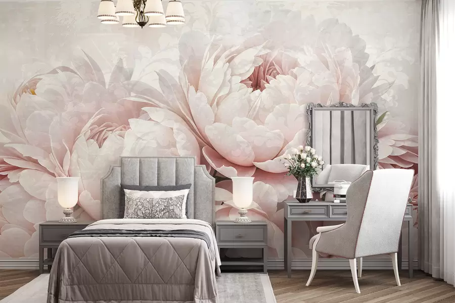 wall murals Нежни ружичасти божури са деликатним латицама на светлој текстурној винтаге позадини w08312