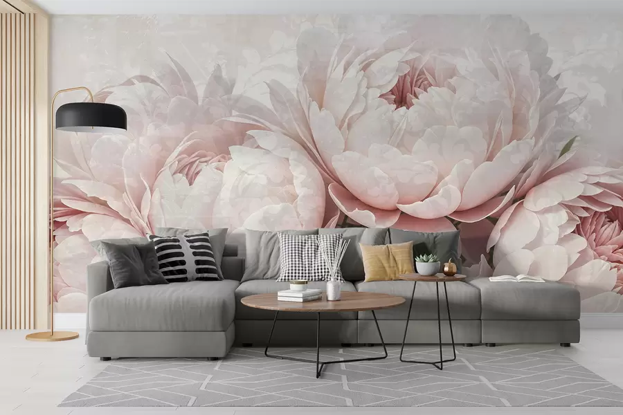 wall murals Нежни ружичасти божури са деликатним латицама на светлој текстурној винтаге позадини w08312