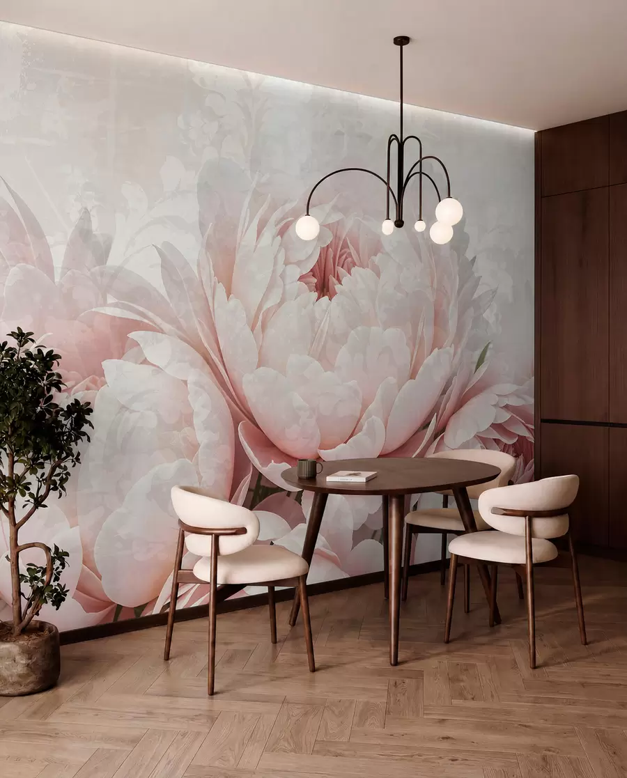 wall murals Нежни ружичасти божури са деликатним латицама на светлој текстурној винтаге позадини w08312