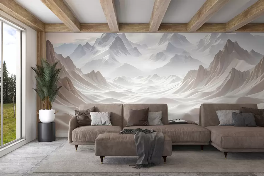 wall murals Снежни планински врхови израњају из магловитог, етеричног пејзажа са валовитим брдима и долинама w08313