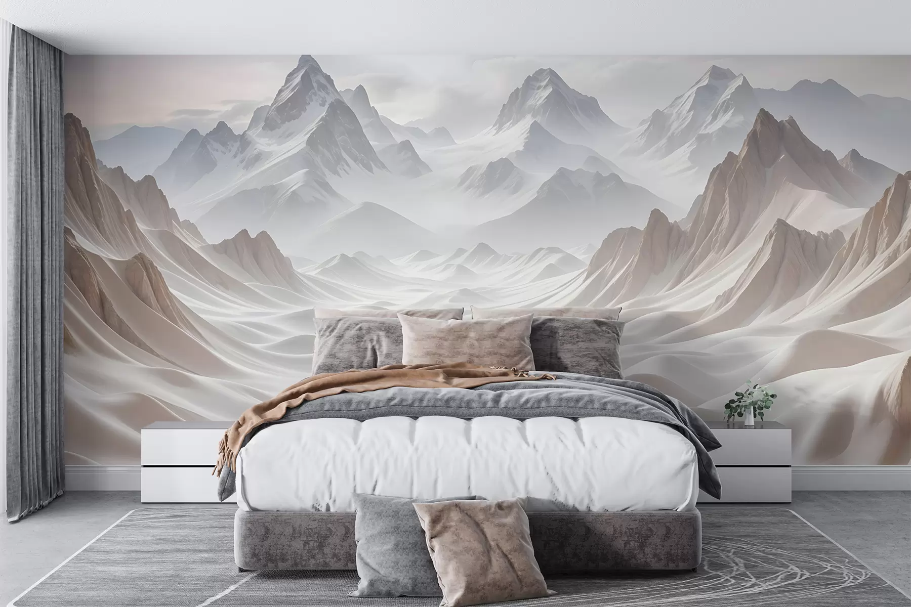 wall murals Снежни планински врхови израњају из магловитог, етеричног пејзажа са валовитим брдима и долинама w08313