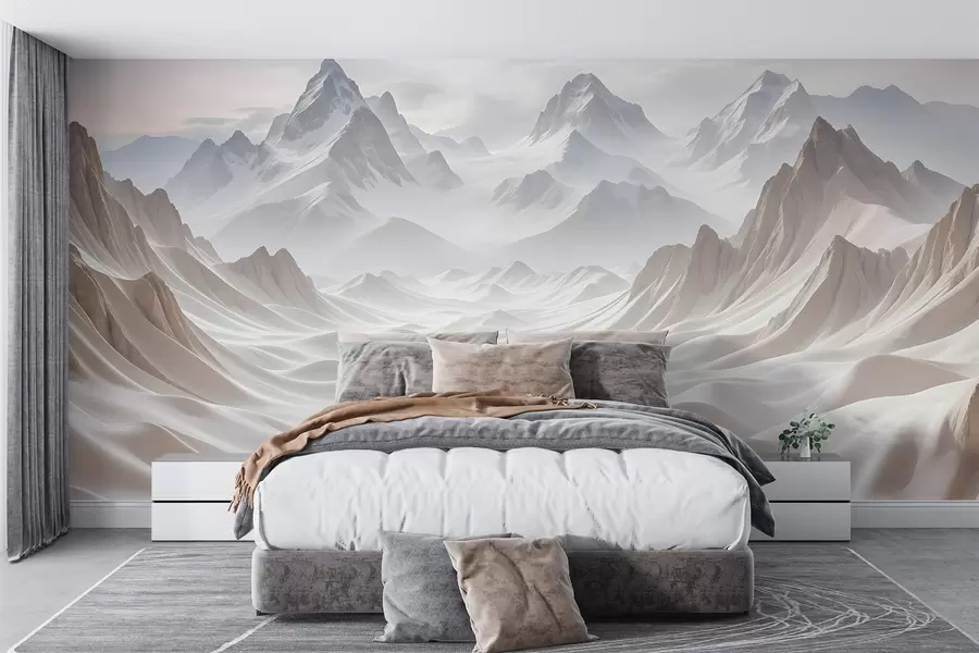 wall murals Снежни планински врхови израњају из магловитог, етеричног пејзажа са валовитим брдима и долинама w08313