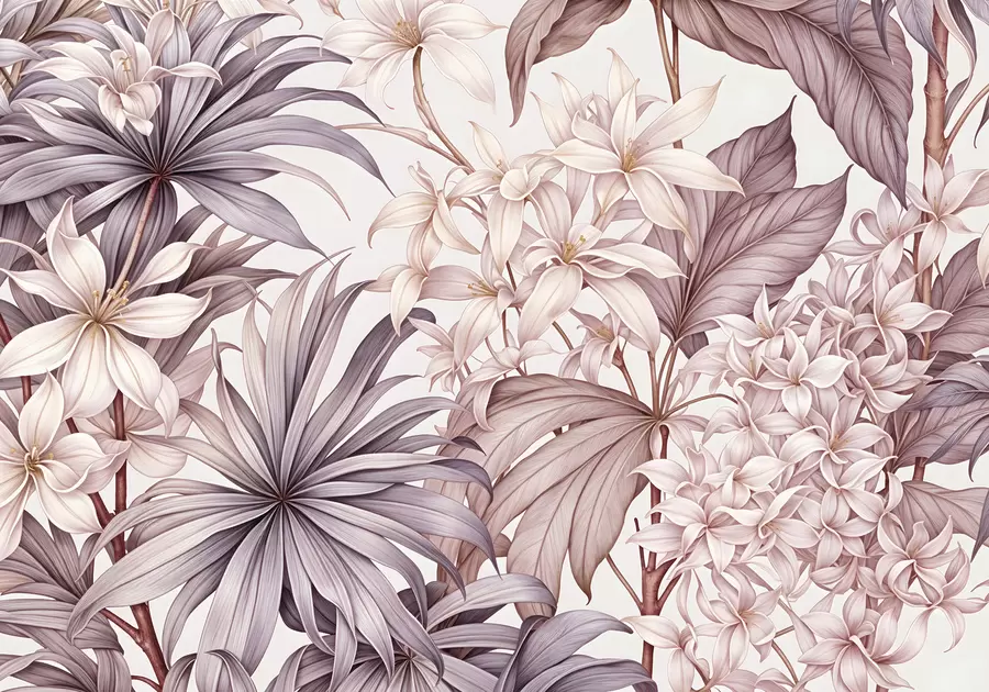 wall murals Тропски цветни принт са великим белим и светло розе цветовима, бордо листовима и неутралном позадином w08318v1