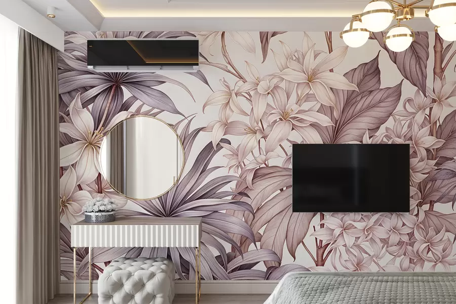 wall murals Тропски цветни принт са великим белим и светло розе цветовима, бордо листовима и неутралном позадином w08318v1