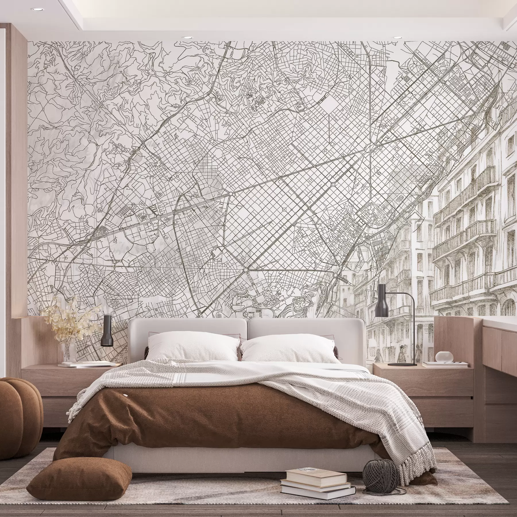 wall murals Мапа града Барселоне, цртање линија, архитектура, Шпанија, беж боје w01695