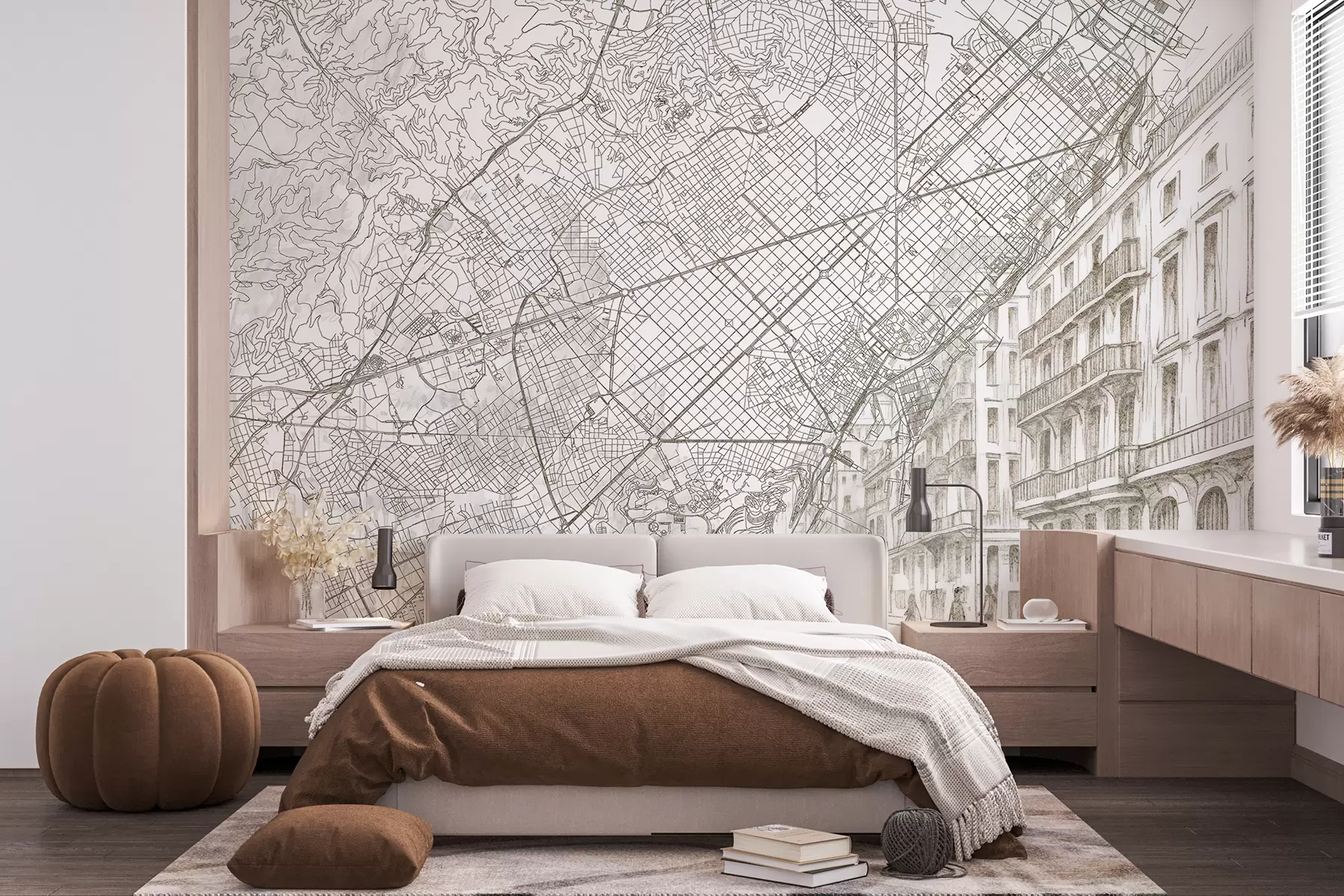 wall murals Мапа града Барселоне, цртање линија, архитектура, Шпанија, беж боје w01695