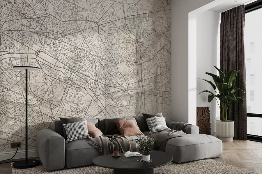 wall murals Карта града Париза, цртање линија, архитектура, Француска, беж боје w01697