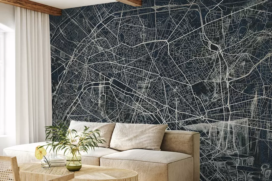 wall murals Карта града Париза, цртање линија, архитектура, Француска, тамне боје w01697v1