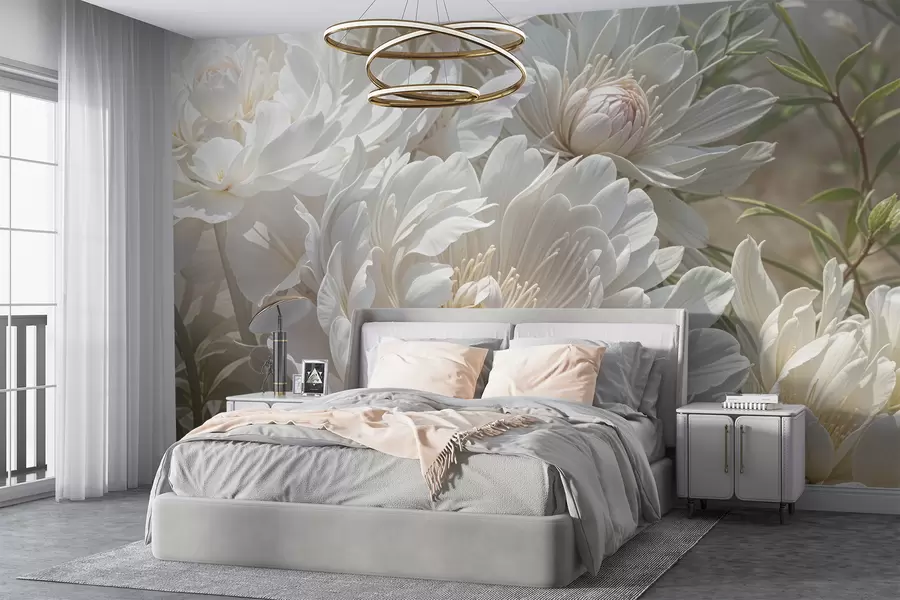 wall murals Крупни план великих, нежних цветова белог божура са меким, пухастим латицама и бледожутим средиштем w08325