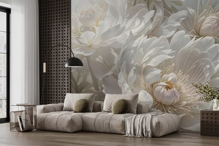 wall murals Крупни план великих, нежних цветова белог божура са меким, пухастим латицама и бледожутим средиштем w08325