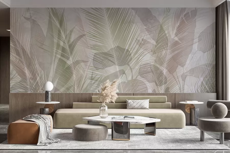 wall murals Тропско палмино лишће у нежним пастелним бојама, са замућеном и магловитом текстурираном позадином w08326