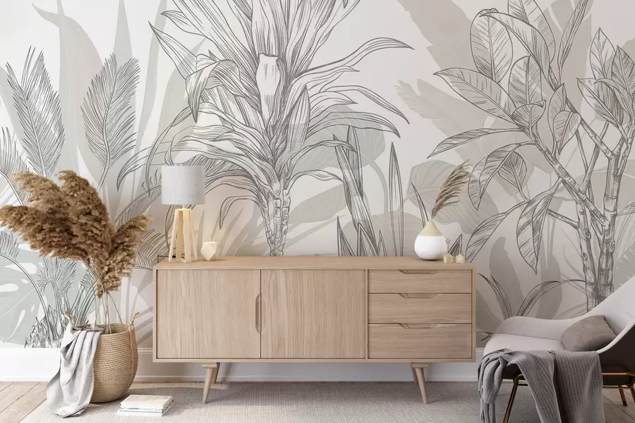 wall murals Тропске графичке биљке са великим, бујним листовима и цвећем у нијансама сиве и беле са цветним зеленим силуетама w08327