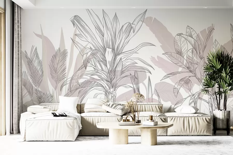 wall murals Тропске графичке биљке са великим, бујним листовима и цвећем у нијансама сиве и беле са цветним ружичастим силуетама w08327v1