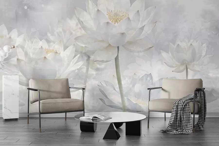 wall murals Цвеће белог лотоса у магловитој, етеричној апстрактној пастелној позадини пејзажа w08328