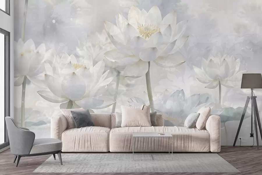 wall murals Цвеће белог лотоса у магловитој, етеричној апстрактној пастелној позадини пејзажа w08328