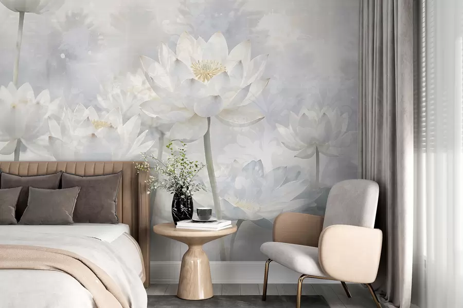wall murals Цвеће белог лотоса у магловитој, етеричној апстрактној пастелној позадини пејзажа w08328