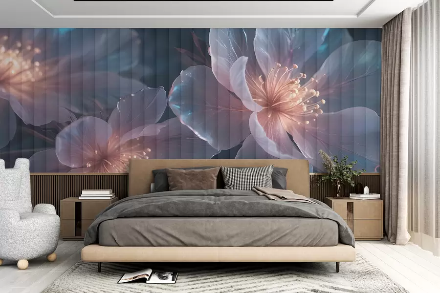 wall murals Нежно ружичасто и плаво провидно цвеће са меким, замућеним латицама и светлећим средиштима на тамној позадини w08329