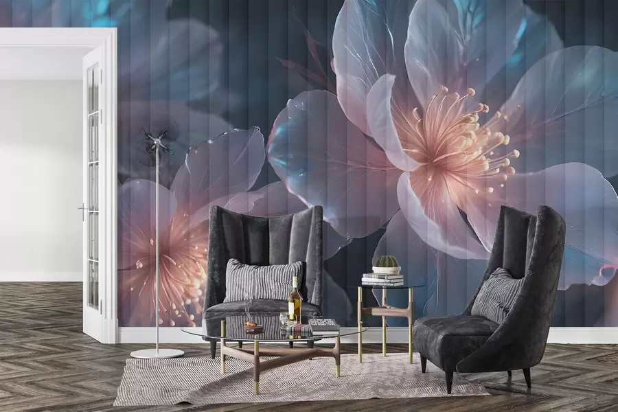 wall murals Нежно ружичасто и плаво провидно цвеће са меким, замућеним латицама и светлећим средиштима на тамној позадини w08329