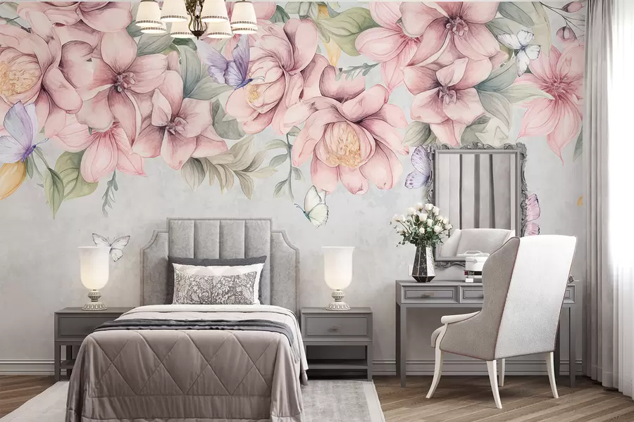 wall murals Нежни ружичасти и бели цветови са деликатним цветовима и листовима на текстурираној сивој позадини w08331