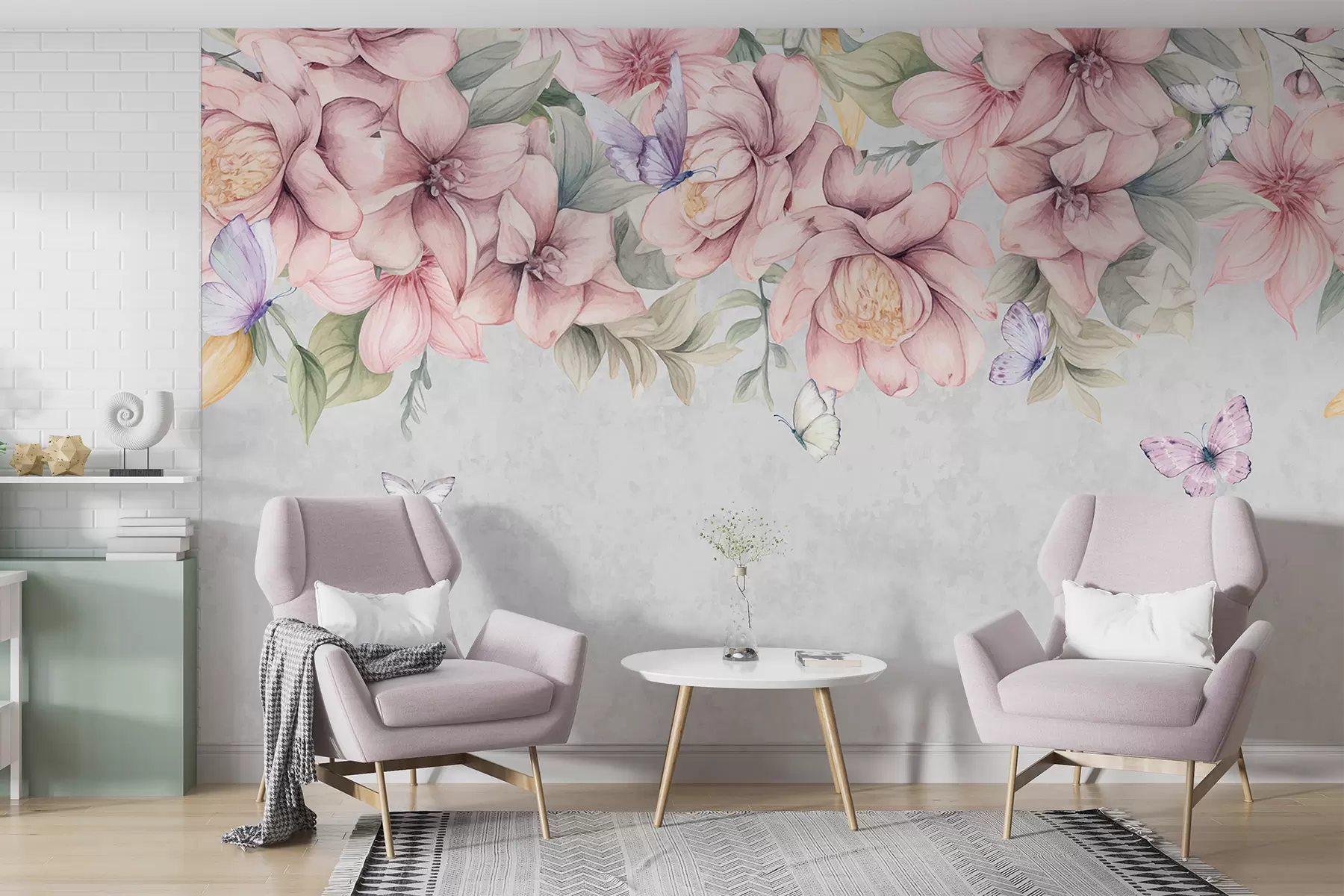 wall murals Нежни ружичасти и бели цветови са деликатним цветовима и листовима на текстурираној сивој позадини w08331