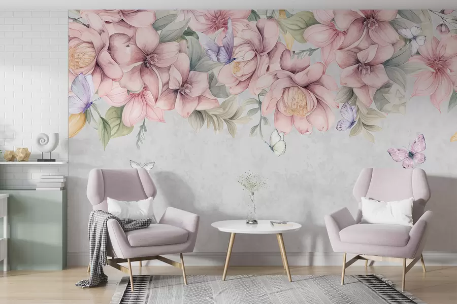 wall murals Нежни ружичасти и бели цветови са деликатним цветовима и листовима на текстурираној сивој позадини w08331