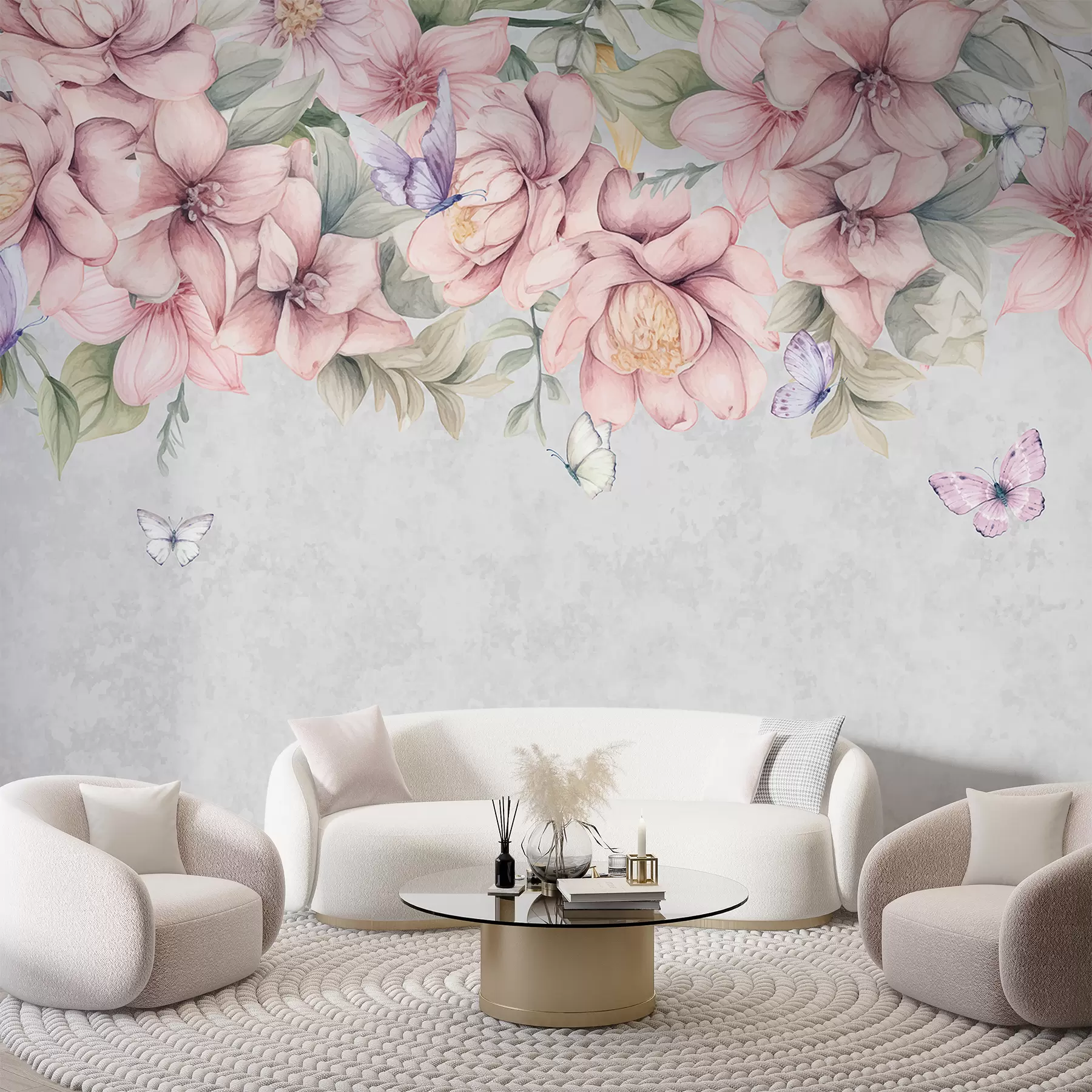 wall murals Нежни ружичасти и бели цветови са деликатним цветовима и листовима на текстурираној сивој позадини w08331