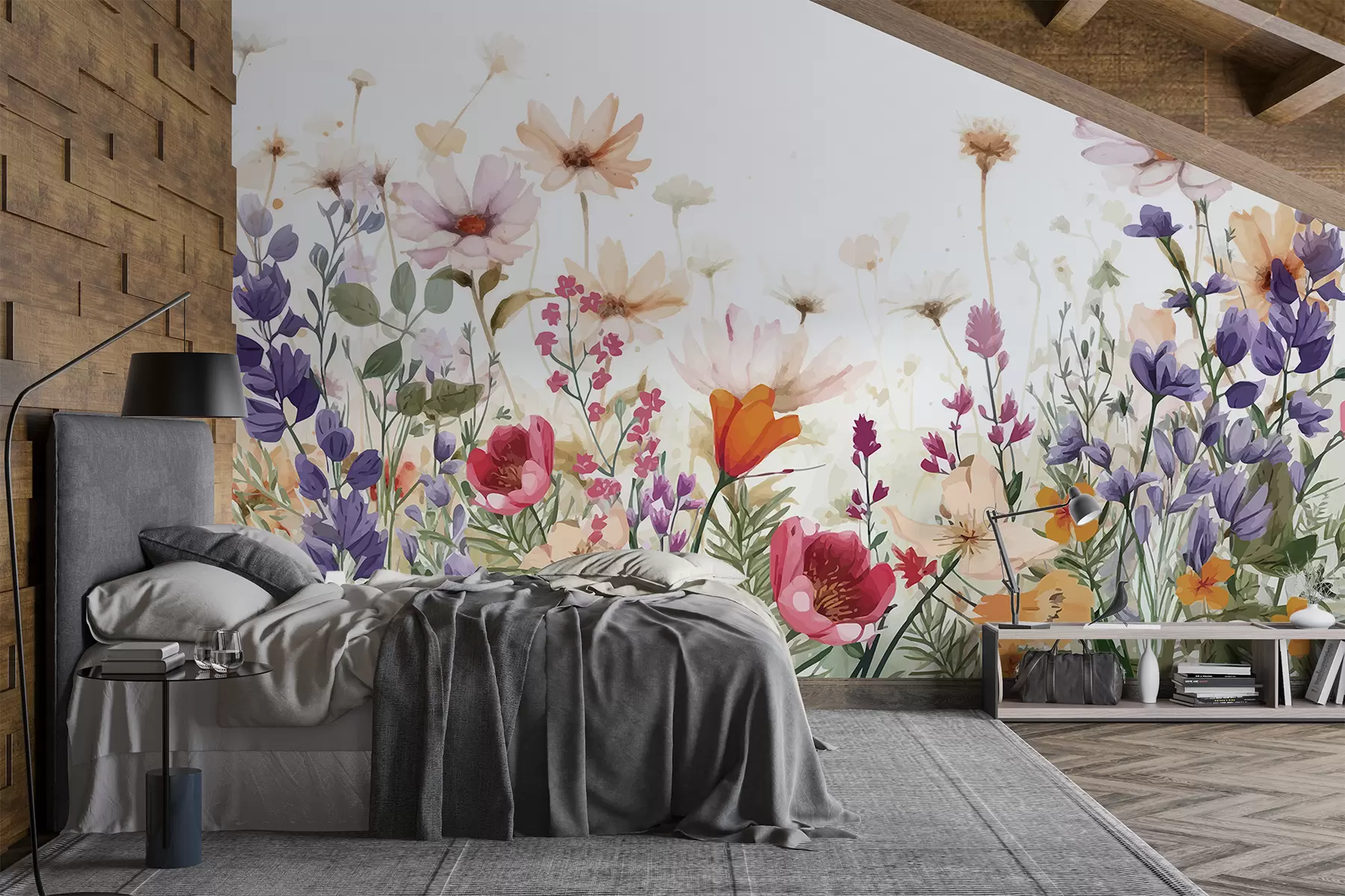 wall murals Поље шареног апстрактног дивљег цвећа укључујући мак, тратинчице и друге цветајуће биљке на белој позадини w08333