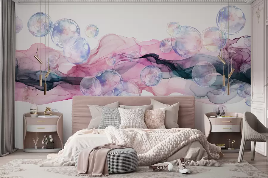 wall murals Шарени апстрактни течни облици са мехурићима, ковитлацима ружичастих, плавих и љубичастих нијанси на белој позадини w08337