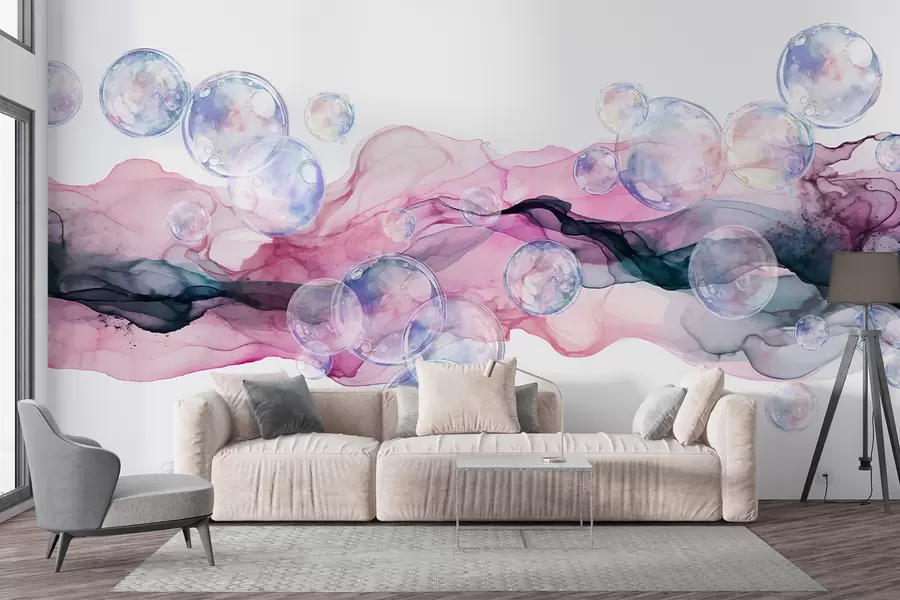 wall murals Шарени апстрактни течни облици са мехурићима, ковитлацима ружичастих, плавих и љубичастих нијанси на белој позадини w08337