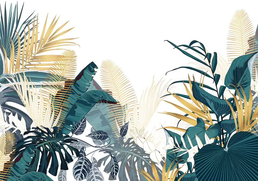 wall murals Тропско бујно зелено лишће, укључујући лишће палми, папрати и друге егзотичне биљке тамнозелене и наранџасте боје w08338