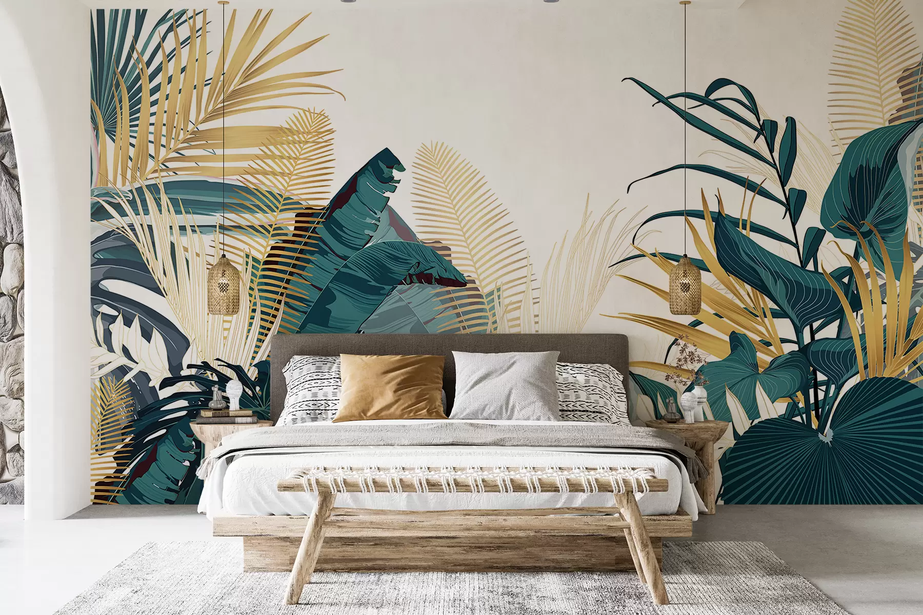 wall murals Тропско бујно зелено лишће, укључујући лишће палми, папрати и друге егзотичне биљке тамнозелене и наранџасте боје w08338