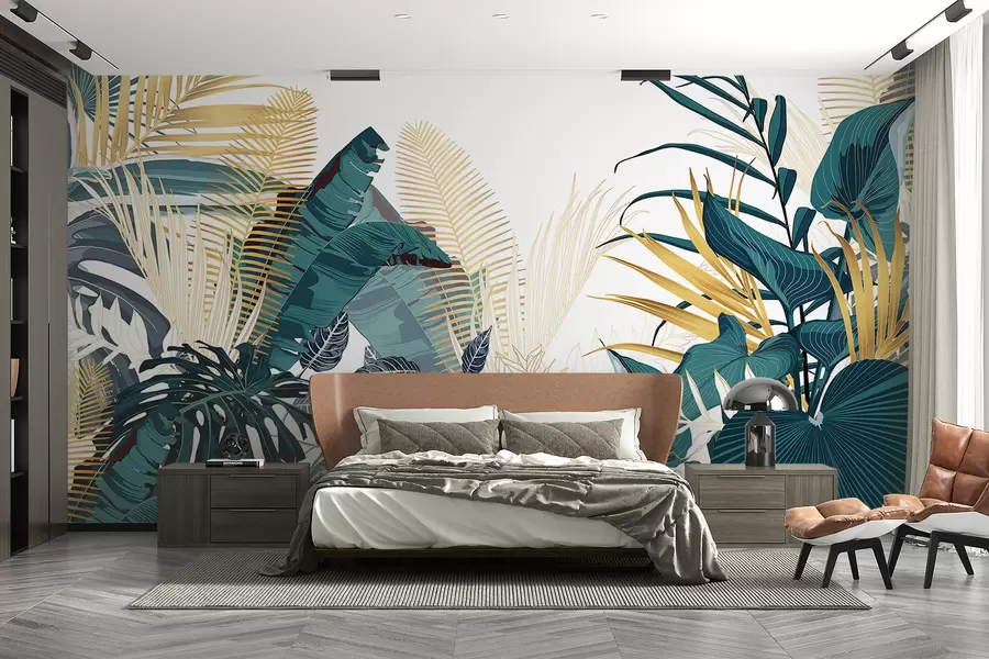 wall murals Тропско бујно зелено лишће, укључујући лишће палми, папрати и друге егзотичне биљке тамнозелене и наранџасте боје w08338