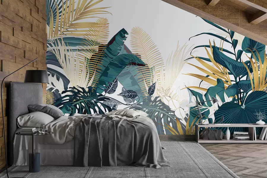 wall murals Тропско бујно зелено лишће, укључујући лишће палми, папрати и друге егзотичне биљке тамнозелене и наранџасте боје w08338
