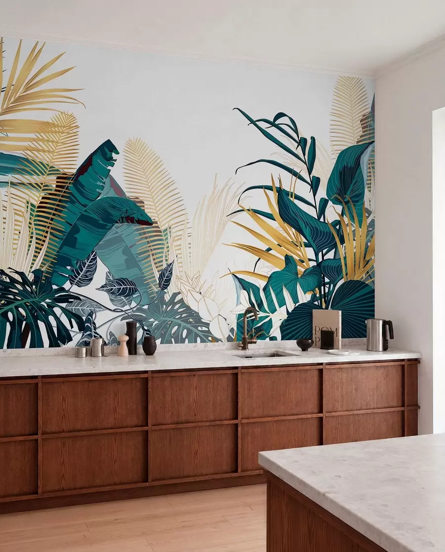 wall murals Тропско бујно зелено лишће, укључујући лишће палми, папрати и друге егзотичне биљке тамнозелене и наранџасте боје w08338